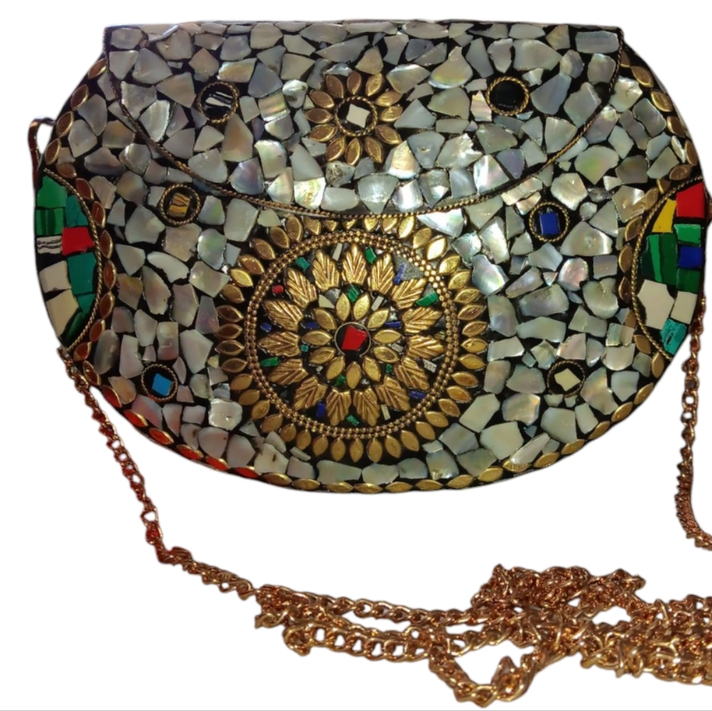 New! RAMLA Mosaic Metal Clutch/Shoulder Bag Handmade In Morocco
